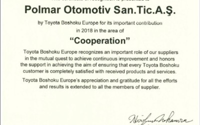 Certificate of Recognition from Toyota Boshoku Europe